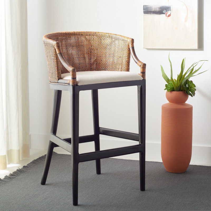 Morency Transitional Bar Stool - Mahogany Frame with Textured Rattan Backrest & Foam Cushion, Black/Brown, White