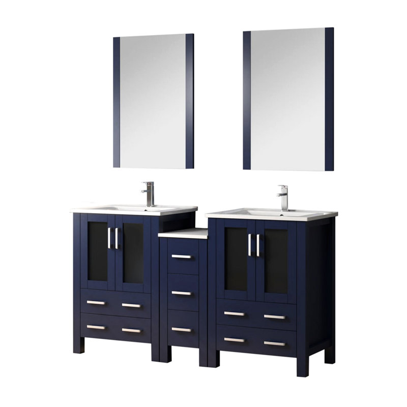 Meuble-lavabo double 60 po bleu marine Largeur, avec armoire latérale, robinet, surface en céramique blanche, 22 miroirs, design bleu, double meuble-lavabo, largeur 60, armoire latérale, 22 miroirs, zéro