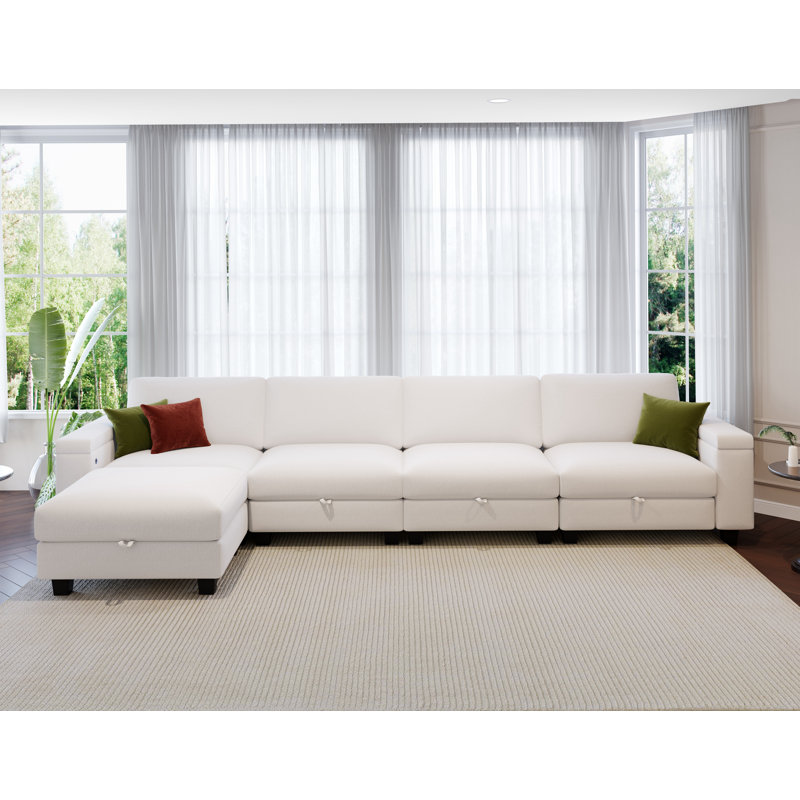 132'' Modular Sectional With Ottoman, White Linen Blend
