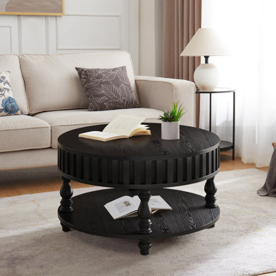 Table basse cannelée moderne avec rangement, table centrale à finition noire avec couvercle rabattable, pieds robustes en bois massif pour salon Mid-Century