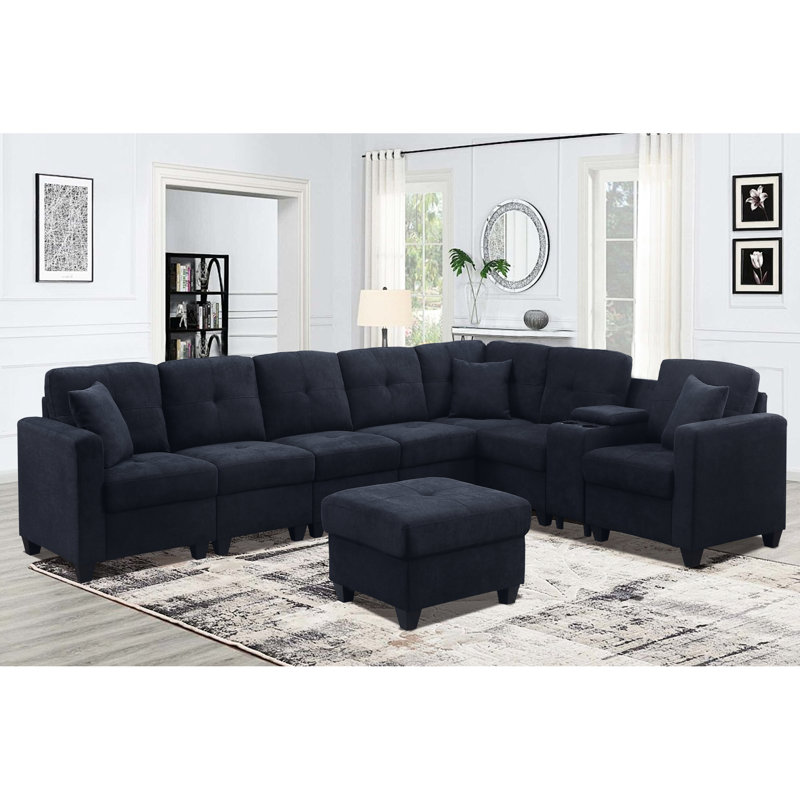 7 Sectional Dark Blue Soft Microfiber Skin- High Cushions Two Cup Holders Solid Wood Frame For Comfort And Stability Use