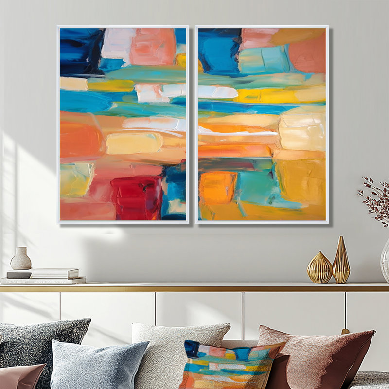 «Clete Vibrant Cubist Colourfields» - art mural moderne bleu, H 36 po x l 48 po, Reproduction avec cadre flottant, Blanc