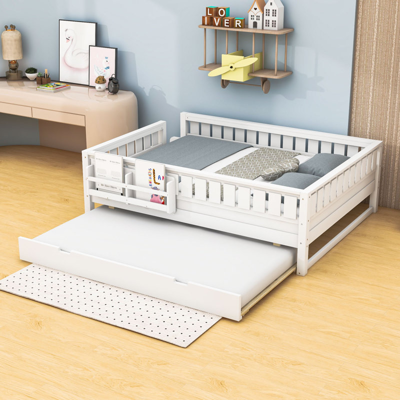 Lit plateforme en bois avec lit gigogne et petit escalier, Queen, White