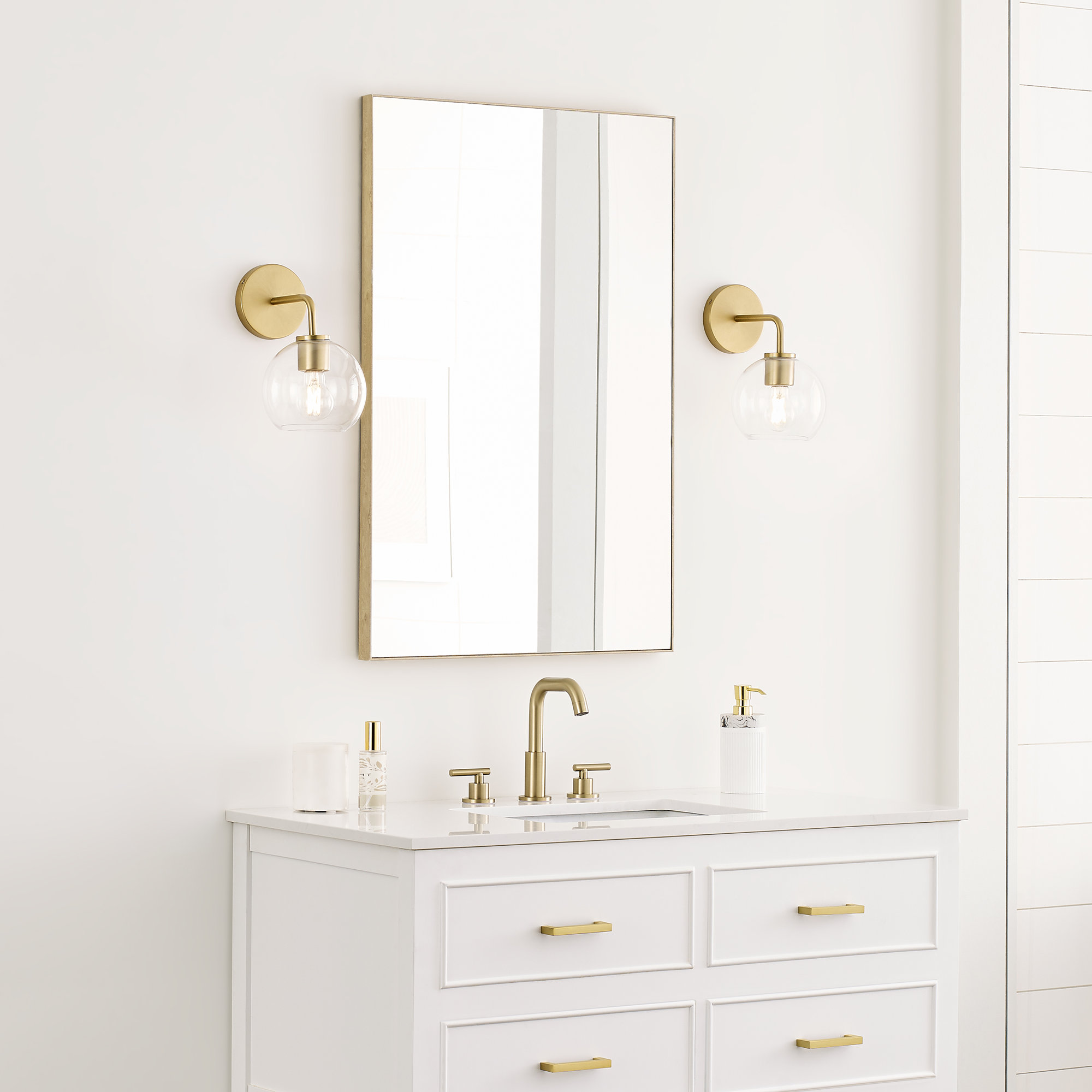 Childerley Single Light Glass Steel Dimmable Armed Sconce, Satin Brass, Clear