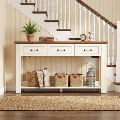 55.1" W Farmhouse Console Table With 3 Drawers Rustic Entryway Table With Open Shelf Sofa Tables Behind Couch For Entrance Living Room Hallway