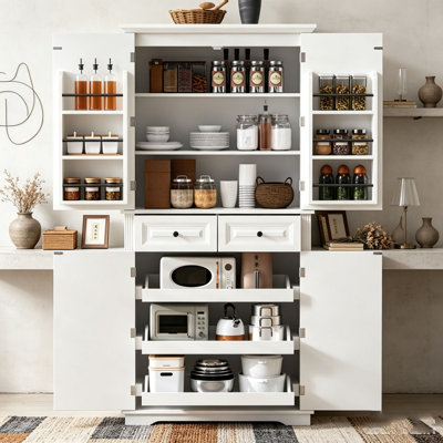 Armoire de cuisine de 71 po de hauteur avec 3 organisateurs d'armoire coulissants, armoire de rangement à texture en relief Farmhouse avec 6 tablettes de porte, 2 tiroirs, armoire de cuisine autoportante