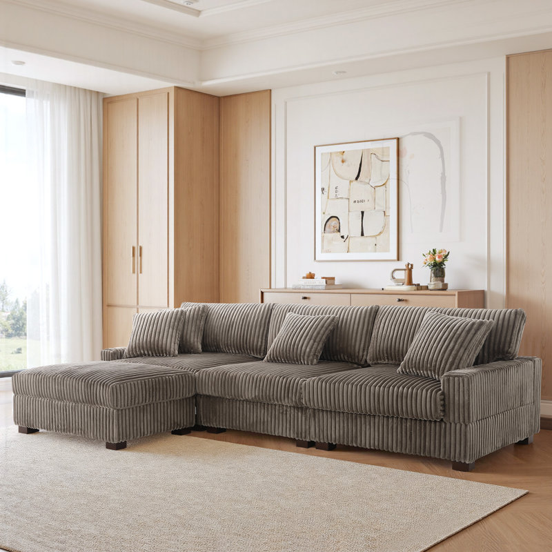 4 Seater Sofa & Chaise, Light Brown Polyester/Foam Padding