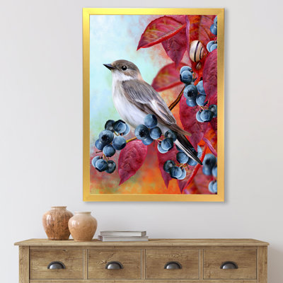 " Little Gray Bird on Red Autumn on Blueberry Twig " Graphic Art Print