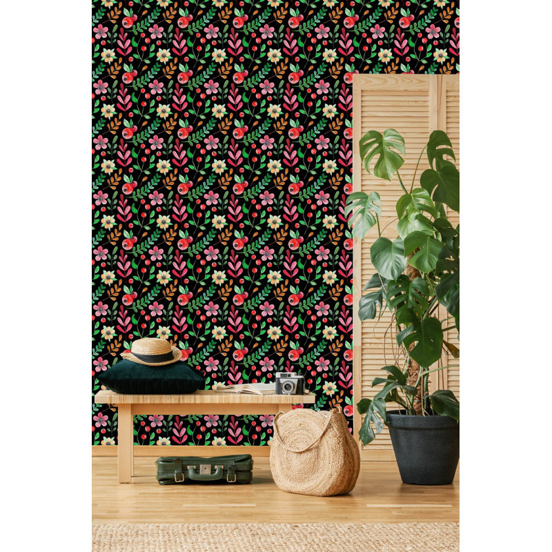 Panneau de papier peint adhésif fleurs et baies sur fond foncé L 18,75 pi x l 25 po