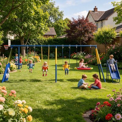 8-in-1 Heavy Duty Metal Swing Set for Backyard, Outdoor Kids Playset with Slide, Saucer Seat, 2 Belt Swings, Soccer Goals, Glider, Baby Swing & Basket