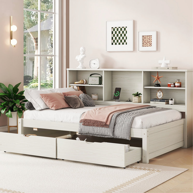 Creamy White Twin Bed Frame With Sideboard, Two Drawers And Charging Daybed Side Compartments, & Hub, Creamy White