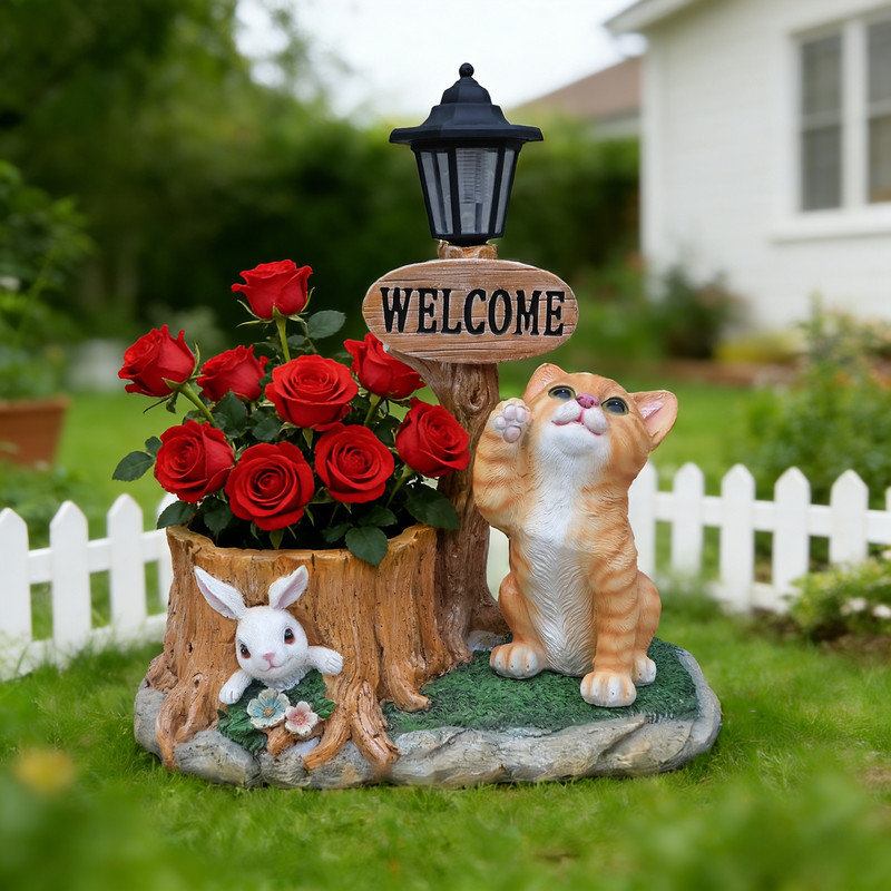 Mignon chat, jardinière, statue, intérieur de jardin en résine, décor