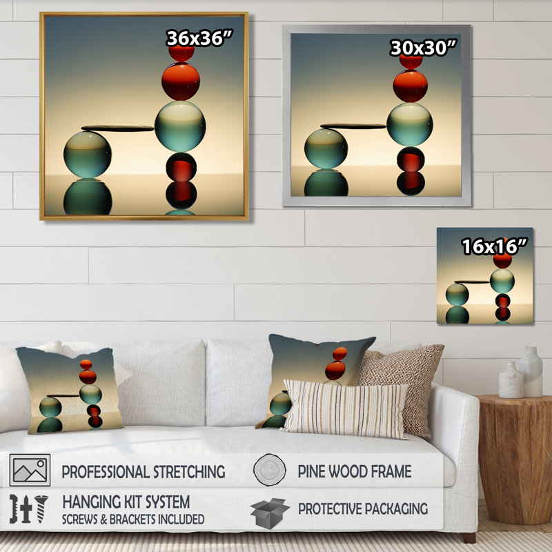 «Minimal Zen Turquoise Red Balance - Spiritual Stone», art mural, Toile tendue, H 16 po x l 16 po