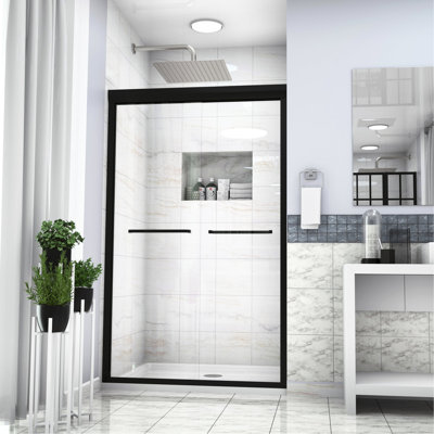Cabine de douche noire mate l 48 po x H 76 po - Porte coulissante double contemporaine avec verre trempé et option de réglage mural