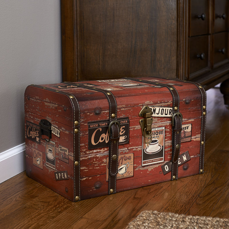 Medium Decorative Storage Trunk Faux Decoupage with Leather and Metal Accents Antique