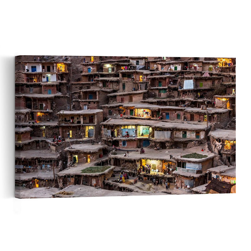Mountain Village Night Lights Rustic Traditional Abstract Architecture Mountain Wall Art Print 1 Piece Wrapped Canvas Wall Art