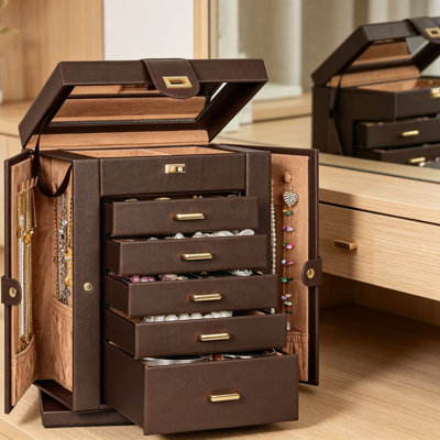 360 Degree Rotating Jewelry Box with 6-Tier Storage, Large Capacity Organizer with Mirror, Faux Leather Jewelry Case for Women, Ring Necklace Earring Bracelet Holder with Drawers and Side Cabinets