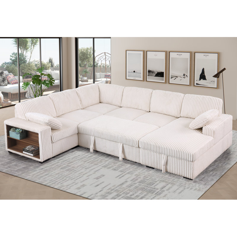 Shariff U-Shaped Corduroy Sectional Sofa with Pull-Out Bed, Storage Chaise Lounge & Open-Storage Armrest, Beige Corduroy