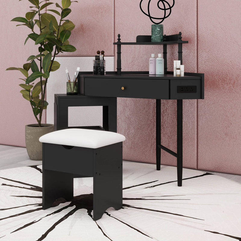 Commode élégante avec pieds en métal et armoire de rangement à miroir avec 6 tiroirs, Noir