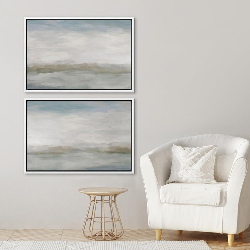 "Misty Horizons, aquarelle subtile, paysage côtier abstrait", 2 pièces, H 24 po x l 36 po, Cadre blanc