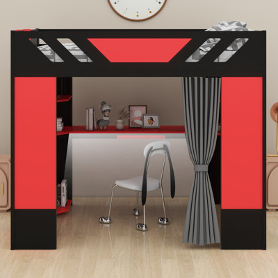 Élégante base de lit en bois avec bureau, tablettes de rangement, rideaux occultants et lumières RVB