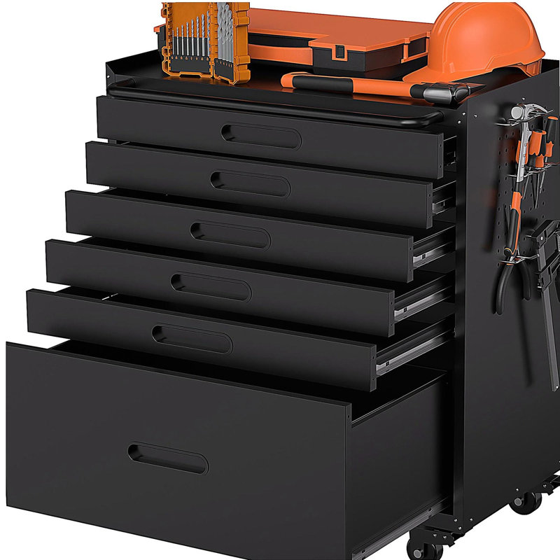 Coffre à outils roulant 34,3 po avec 6 tiroirs - Organisateur de garage mobile, tous les tiroirs pour les petites pièces et les outils, fabrication en acier robuste