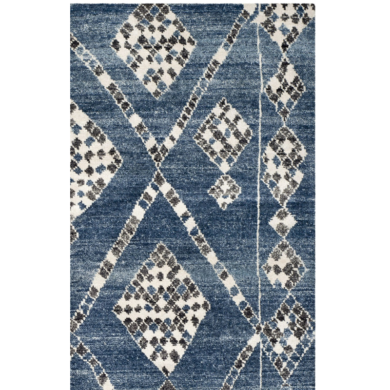 Tapis de style sud-ouest marocain en coton et viscose noué à la main en bleu, Rectangle 8 pi x 10 pi