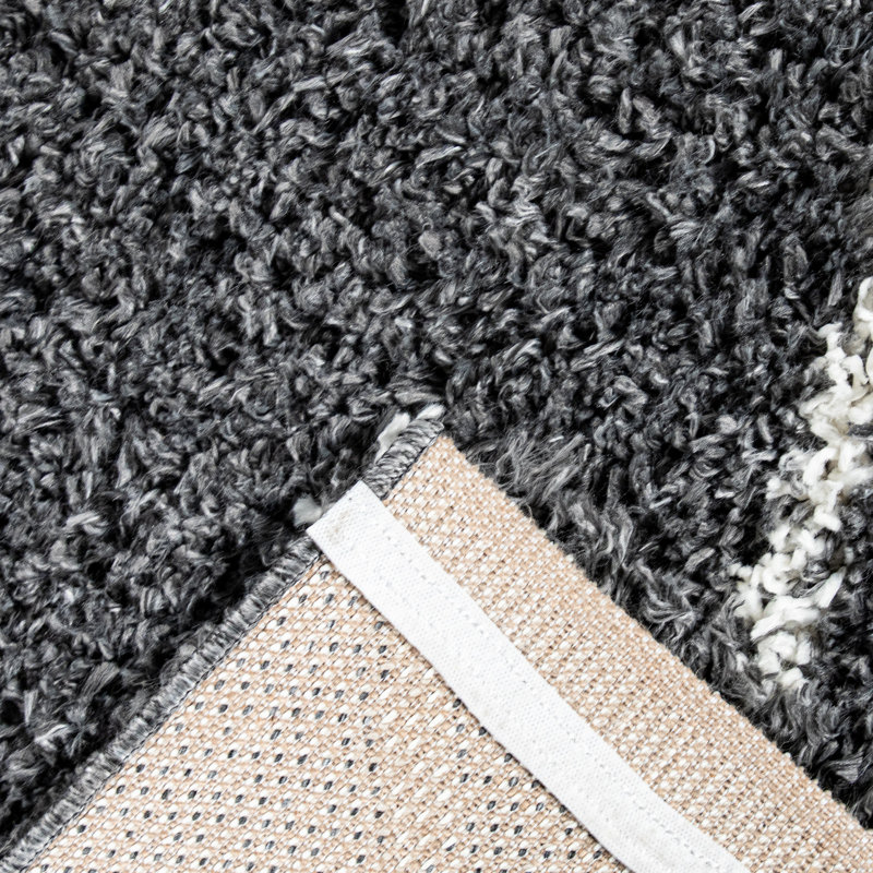 Tapis à poil long gris foncé Glaucio, Rond 6 pi 7 po