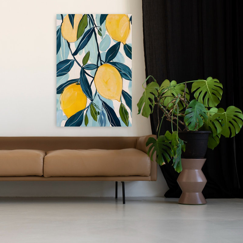 «Vibrant Lemons Branch», art abstrait citronnier, fruit, nature, 48" H x 32" W