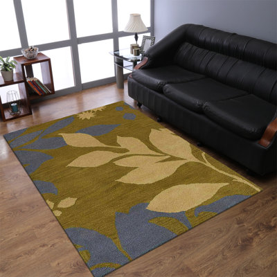 Hand Tufted Wool Eco-Friendly 9x12 Area Rugs - Rectangle, Green Color, Floral Modern Design, High Pile Thick Handmade Anti Skid Area Rugs for Living Room, Bed Room