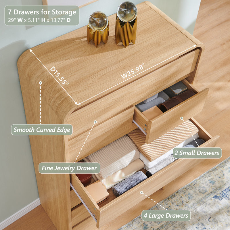 Maud  Modern 7 Drawers Dresser for Bedroom, 55" Tall Dressers & Chest of Drawers w/Curved Profile Design, Natural