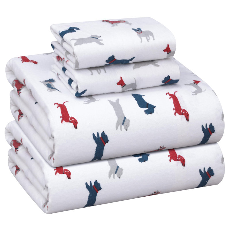 100% Cotton Flannel Sheet Set 4 Piece Warm Cozy Fall Sheets 16 inch Deep Pocket Bed Sheets, Doggy Day Out Floral
