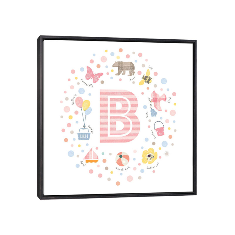 Lettre illustrée B rose - impression, Toile avec cadre noir patiné, Pas de tapis, H 37 po x l 37 po x P 1,5 po