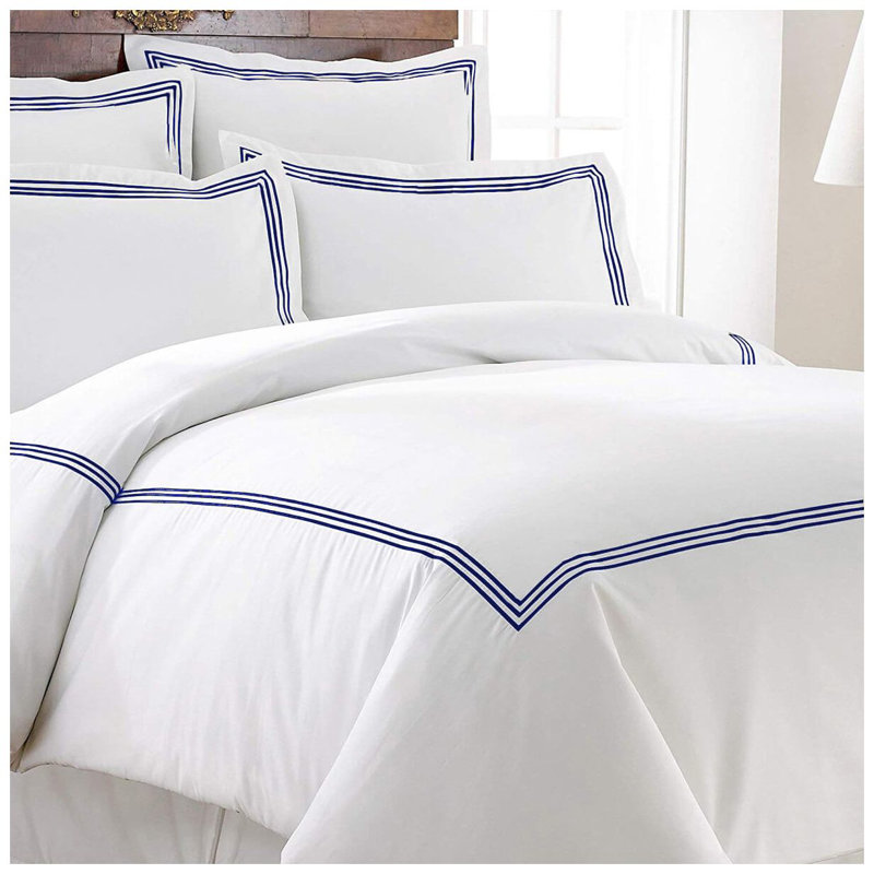 400TC Cotton Triple Embroidery Sateen Solid Duvet Cover Set, White/Navy Blue, Full/Queen Duvet Cover