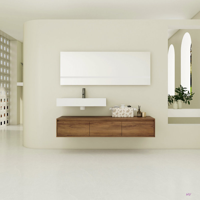Meuble-lavabo mural de 60 po avec lavabo en résine, tiroir à fermeture en douceur et fixation flottante