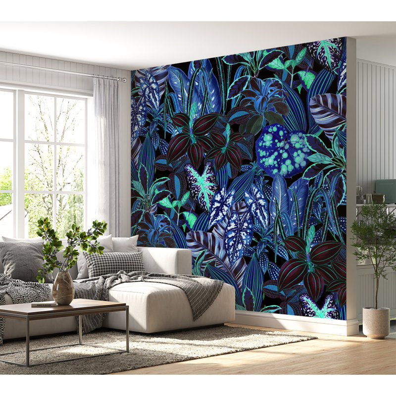 Adhésif mural botanique pelez et collez Odion - Jardin bleu nuit, L 108 po x l 120 po
