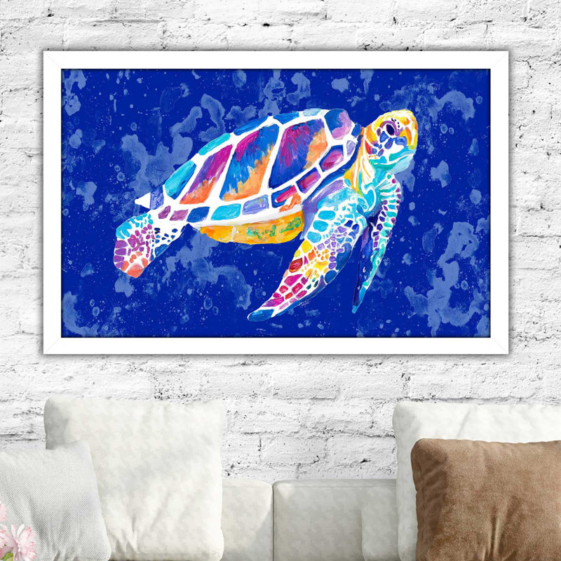 «Vibrant Blue Sea Turtle» par Chelsea Goodrich - reproduction, H 27,5 po x l 39,5 po x P 0,75 po, Cadre blanc