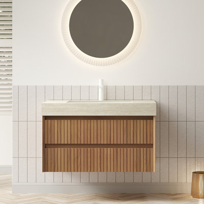 Meuble-lavabo de salle de bain 36 po avec lavabo, unité de rangement flottante rayée en contreplaqué, 2 tiroirs, surface en pierre frittée à motif, lavabo en céramique, pré-assemblé, ton, armoire à tiroirs en bois massif, comptoir,