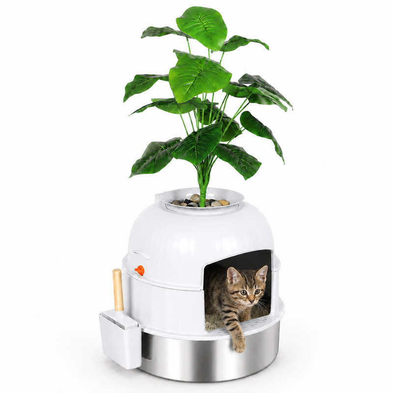 Litière cachée en acier inoxydable pour chat avec décorations artificielles pour petits et moyens chats, blanc, Blanc