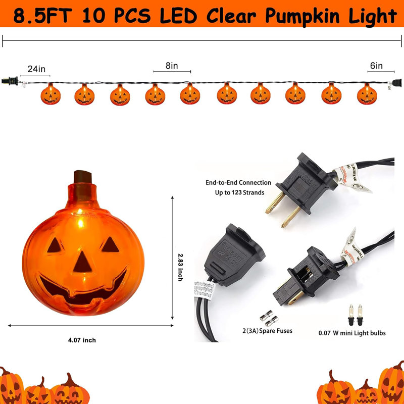 Guirlandes de citrouille - décorations d'Halloween orange 8,5 pi avec 10 lumières de citrouille à DEL pour l'extérieur, l'intérieur, la fenêtre, le patio, la fête
