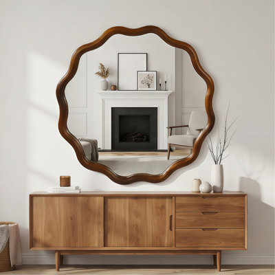 Black Walnut Color 36 inch Wavy Round Solid Wood Frame Decorative Mirror,For Bedroom, Bathroom, Living Room, Entryway