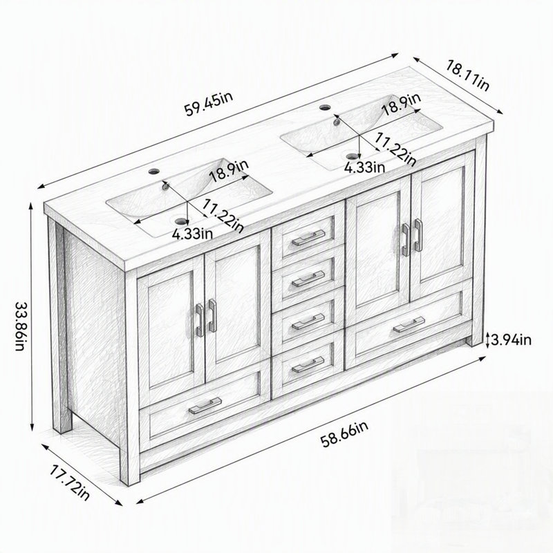 Meuble-lavabo de salle de bain avec rangement abondant, 4 portes à fermeture douce et 5 tiroirs pour une élégance moderne