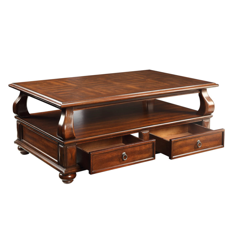 Table basse à 4 tiroirs en noyer avec 1 tablette