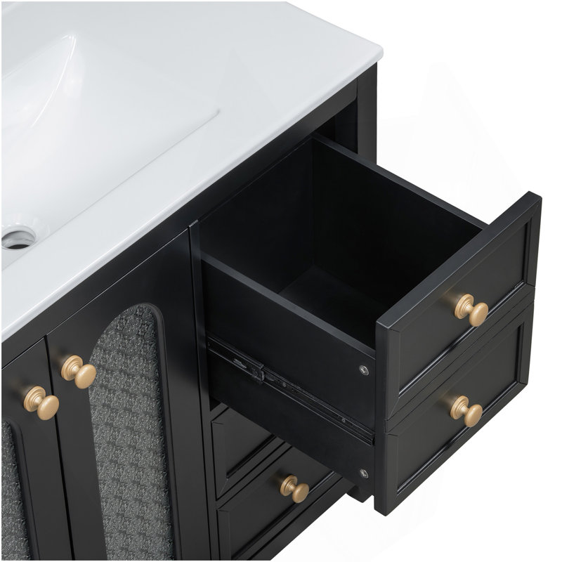 Meuble-lavabo de 36 pouces avec deux portes à fermeture douce, des tablettes réglables et trois tiroirs, Noir