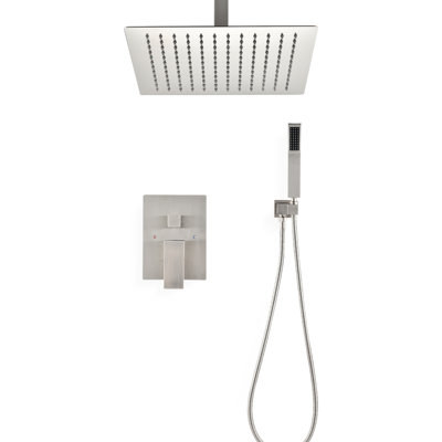 Ceiling-Mounted Shower Assembly In Matte Black - 12" Head & Handheld Natural Rainfall Copy Self-Cleaning Nozzle Brass Made Item Ceiling System And Simulates Spout Product