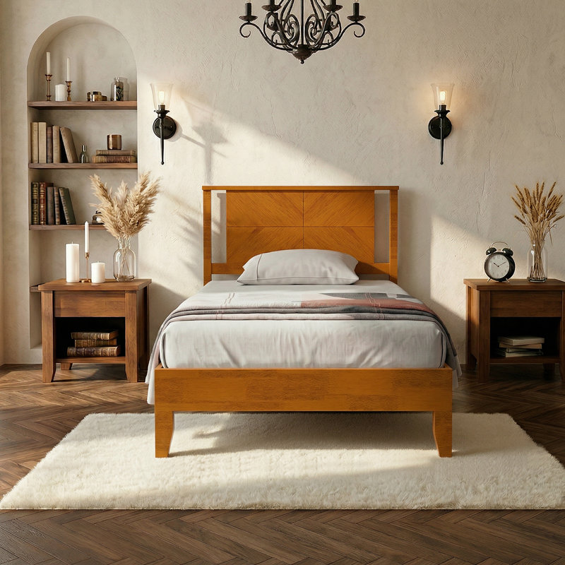 Twin Size Deluxe Bed Frame With Headboard With Solid Wood, No Box Spring Needed,  Easy Assembly, Rustic Golden Brown, Twin