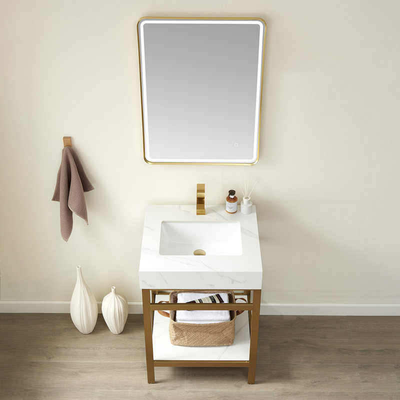 Ensemble de meuble-lavabo simple 24 po Funes, Blanc montagne enneigée, Or brossé, Or brossé