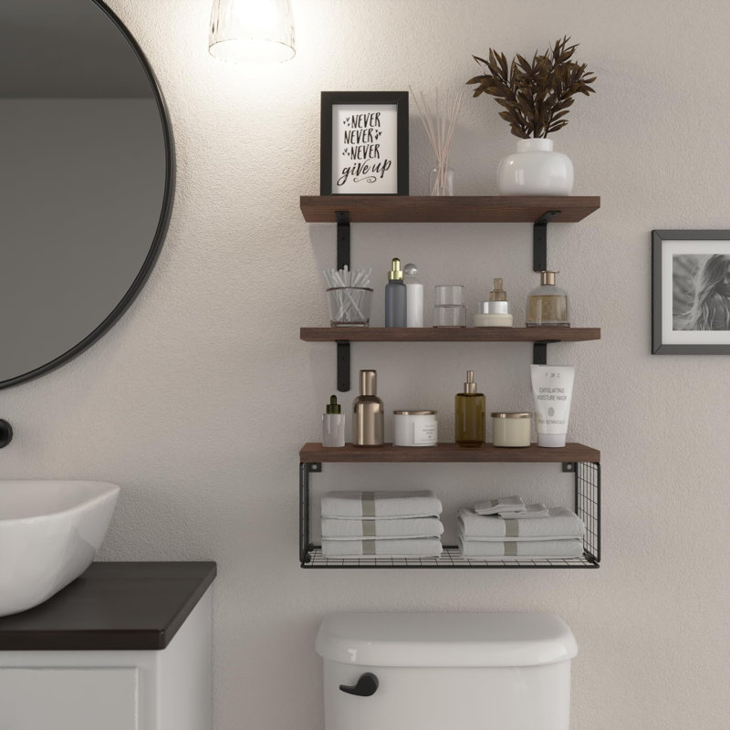 Bathroom Shelf Over Toilet, Floating Bathroom Shelf Wall Mounted With Wire Basket, Floating Shelf For Wall Décor-Rustic Brown