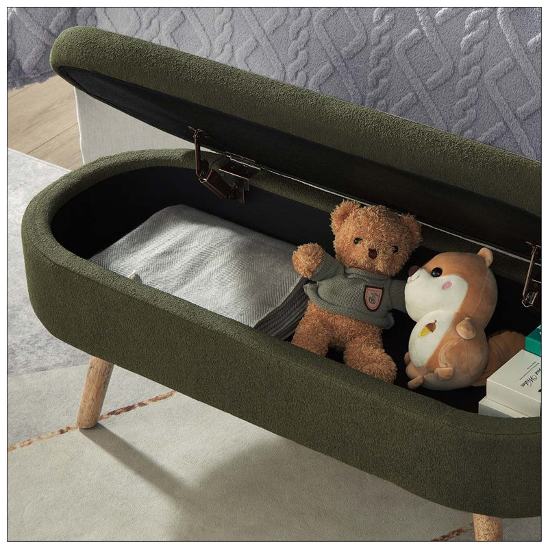 Oval Boucle Storage Ottoman Bench with Wood Legs, Dark Green