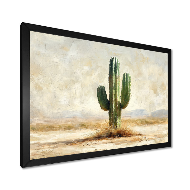 Cactus dans le désert V - Art mural de cactus pour le salon, Cadre simple, Noir, H 24 po x l 32 po